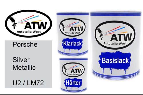 Porsche, Silver Metallic, U2 / LM72: 1L Lackdose + 1L Klarlack + 500ml Härter - Set, von ATW Autoteile West.